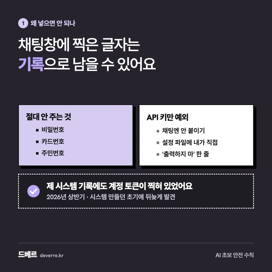 채팅창에 찍은 글자는 기록으로 남을 수 있어요 — 1 왜 넣으면 안 되나 채팅창에 찍은 글자는 기록으로 남을 수 있어요 절대 안 주는 것 비밀번호 카드번호 주민번호 API 키만 예외 채팅엔 안 붙이기 설정 파일에 …