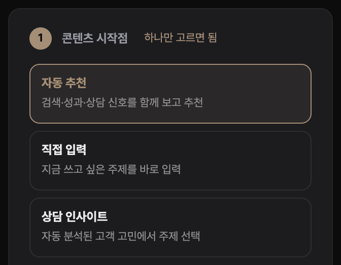 콘텐츠 시작점 선택 상자: 자동 추천·직접 입력·상담 인사이트 세 가지 중 자동 추천이 선택된 화면
